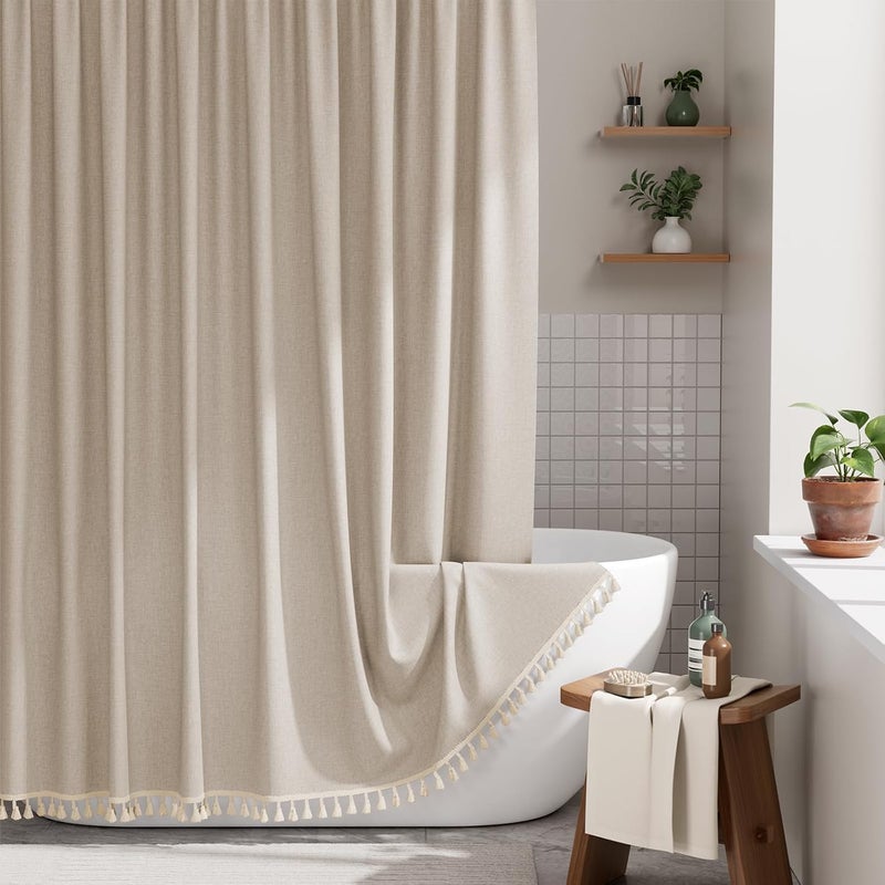 AmazerBath Farmhouse Shower Curtains for Bathroom, Tan Shower Curtain with Tassels, Taupe Rustic Faux Linen Shower Curtain Set with 12 Hooks, 72x72 Inches - Image 1